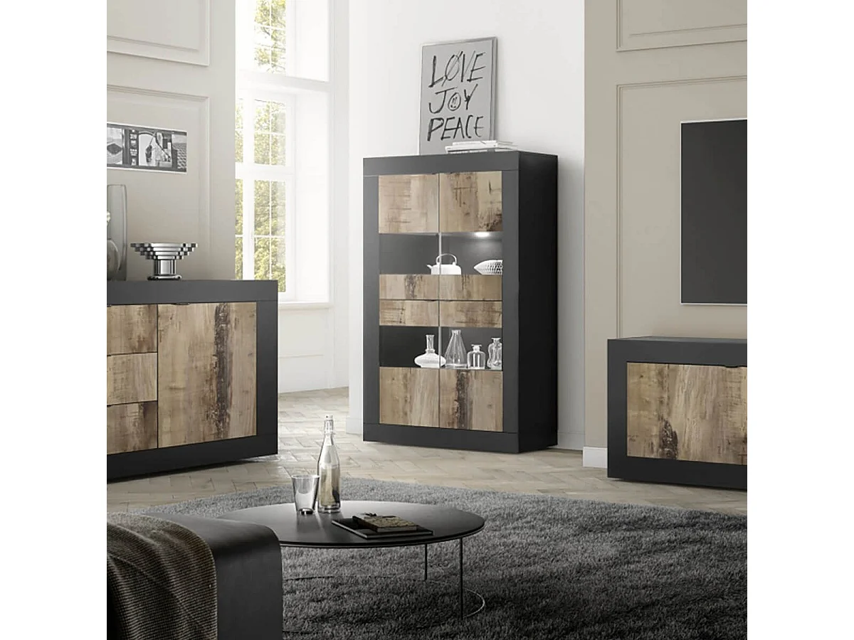 OTELLO - Vitrine 4 Portes Finition Noir Mat et Aspect Bois Antik avec Leds