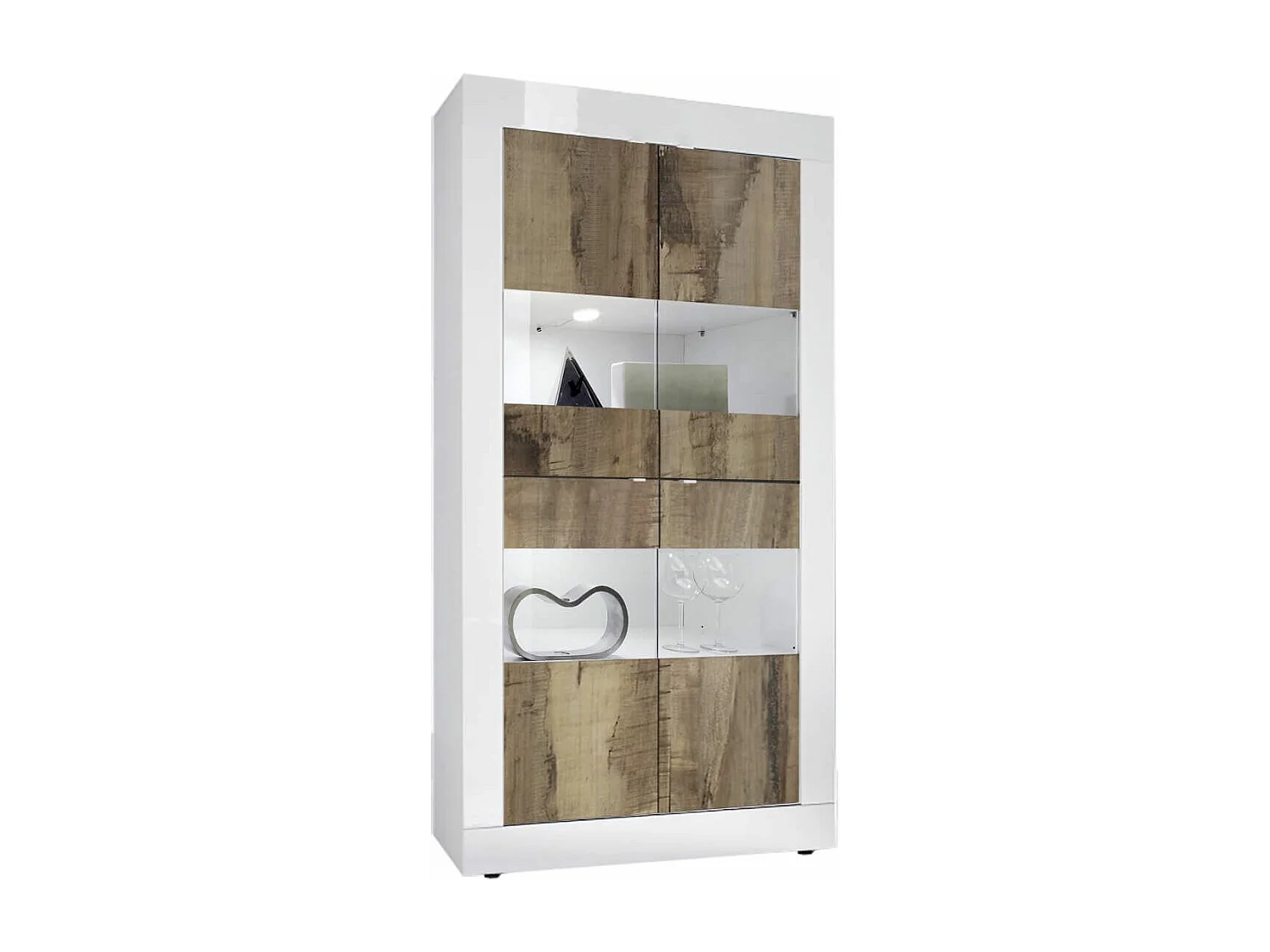 OTELLO - Vitrine 4 Portes Finition Blanc Laqué et Aspect Bois Antik avec Leds