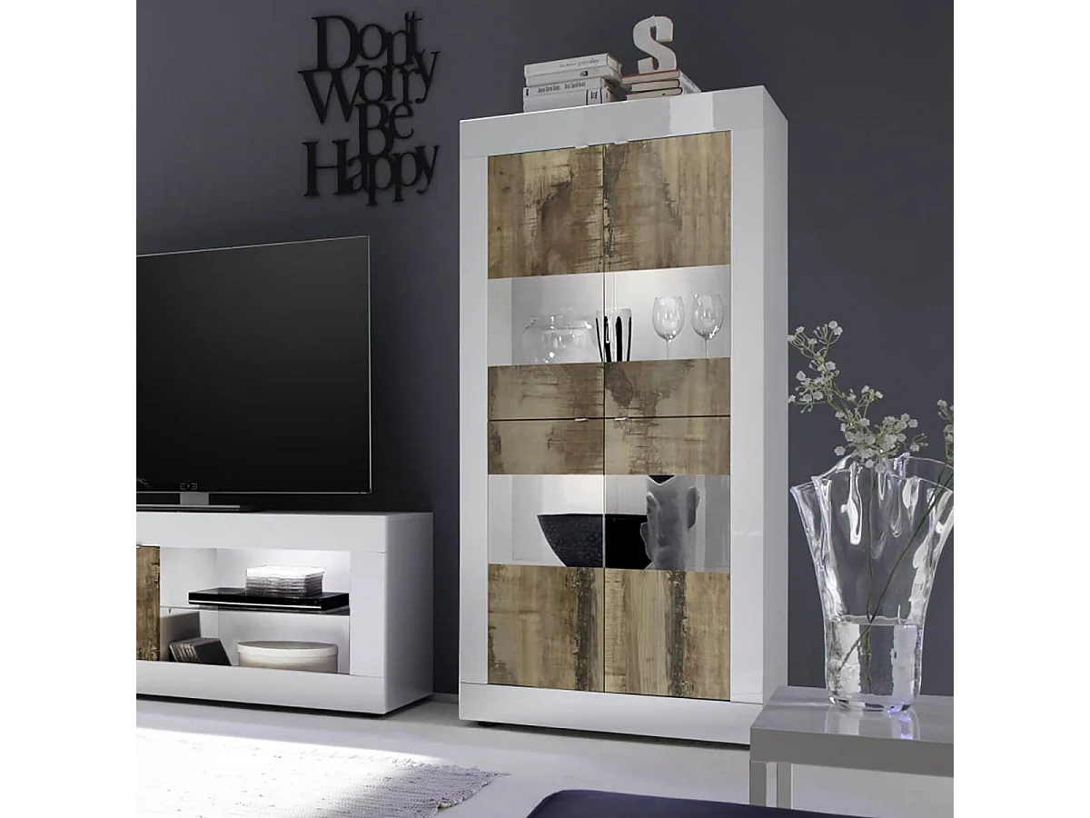 OTELLO - Vitrine 4 Portes Finition Blanc Laqué et Aspect Bois Antik avec Leds