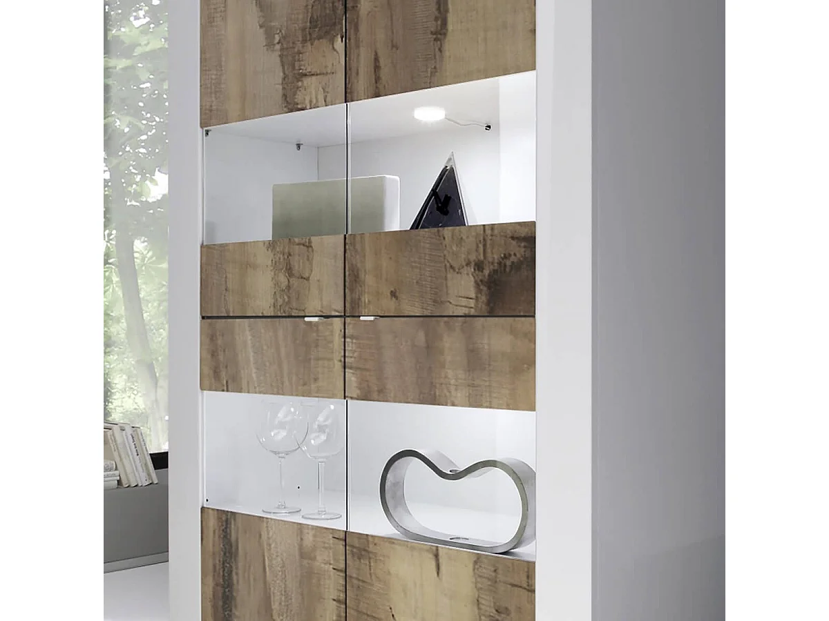 OTELLO - Vitrine 4 Portes Finition Blanc Laqué et Aspect Bois Antik avec Leds