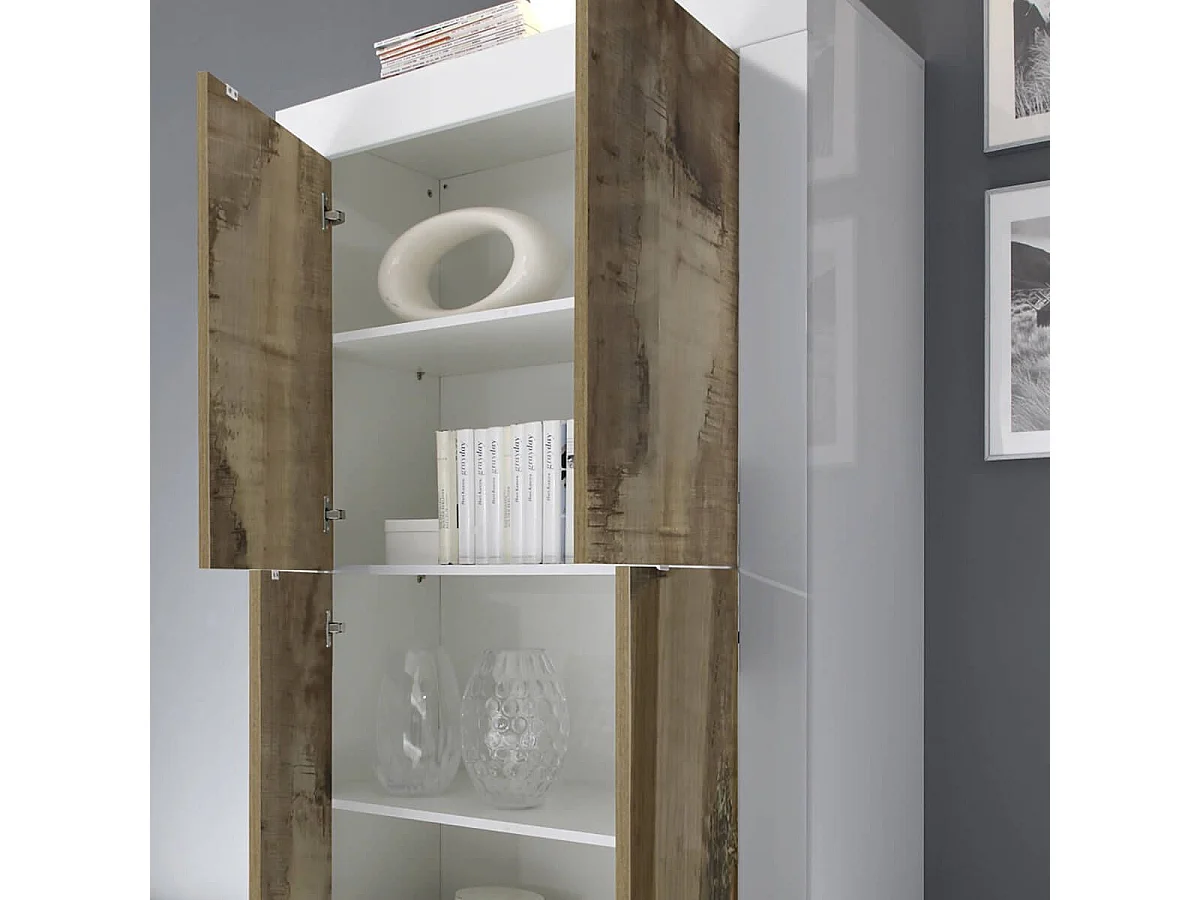 OTELLO - Vitrine 4 Portes Finition Blanc Laqué et Aspect Bois Antik avec Leds
