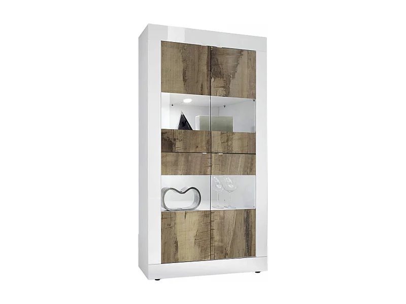 OTELLO - Vitrine 4 Portes Finition Blanc Laqué et Aspect Bois Antik avec Leds