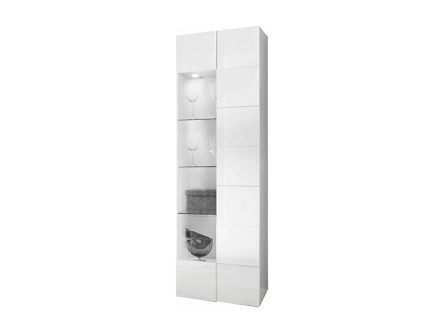 REBECCA - Vitrine 1 Porte Finition Blanc Laqué Relief Weiss Damiers et Leds
