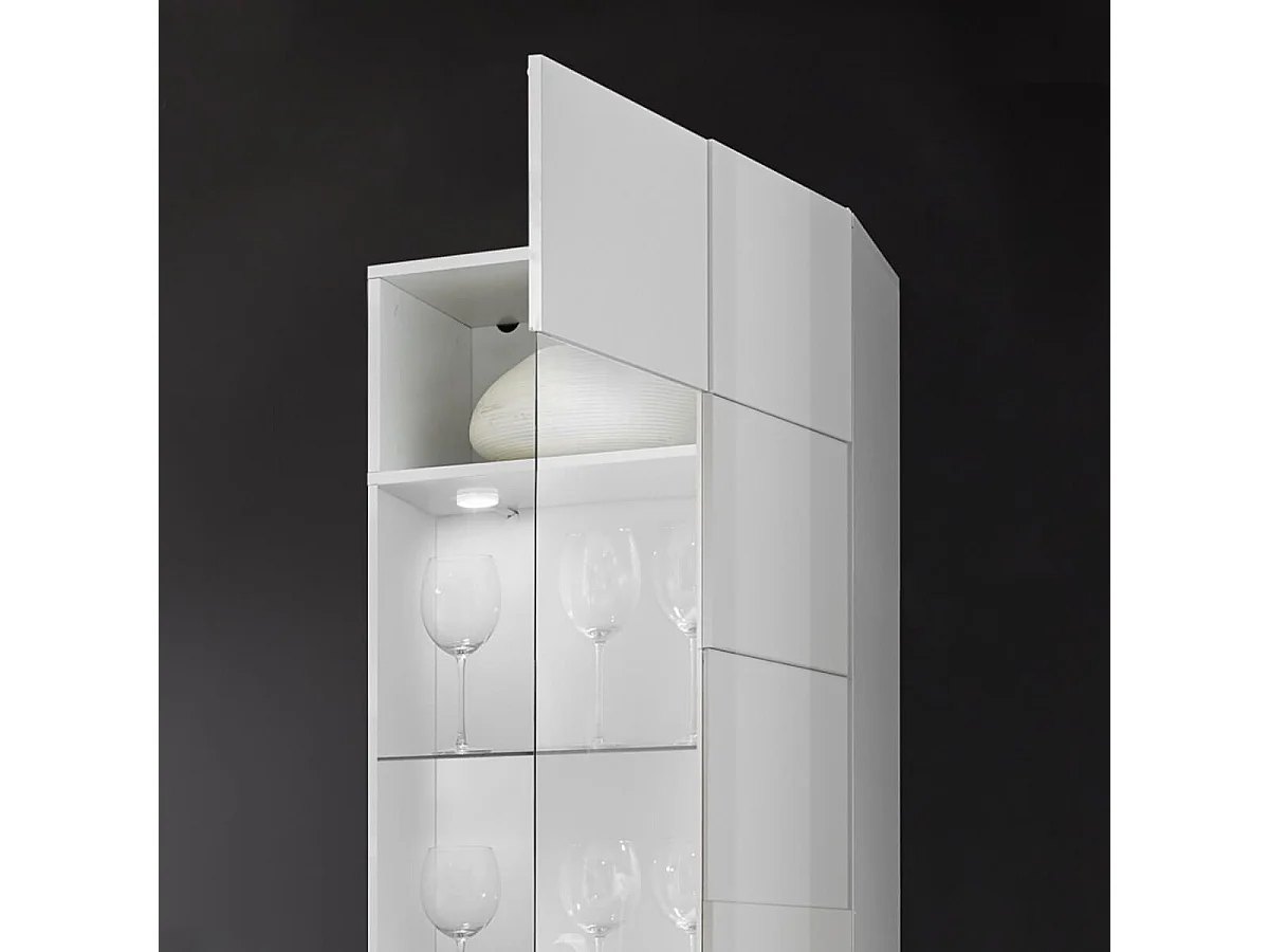 REBECCA - Vitrine 1 Porte Finition Blanc Laqué Relief Weiss Damiers et Leds
