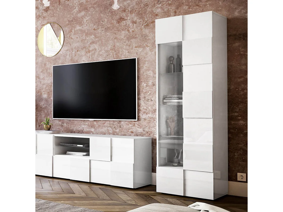 REBECCA - Vitrine 1 Porte Finition Blanc Laqué Relief Weiss Damiers et Leds