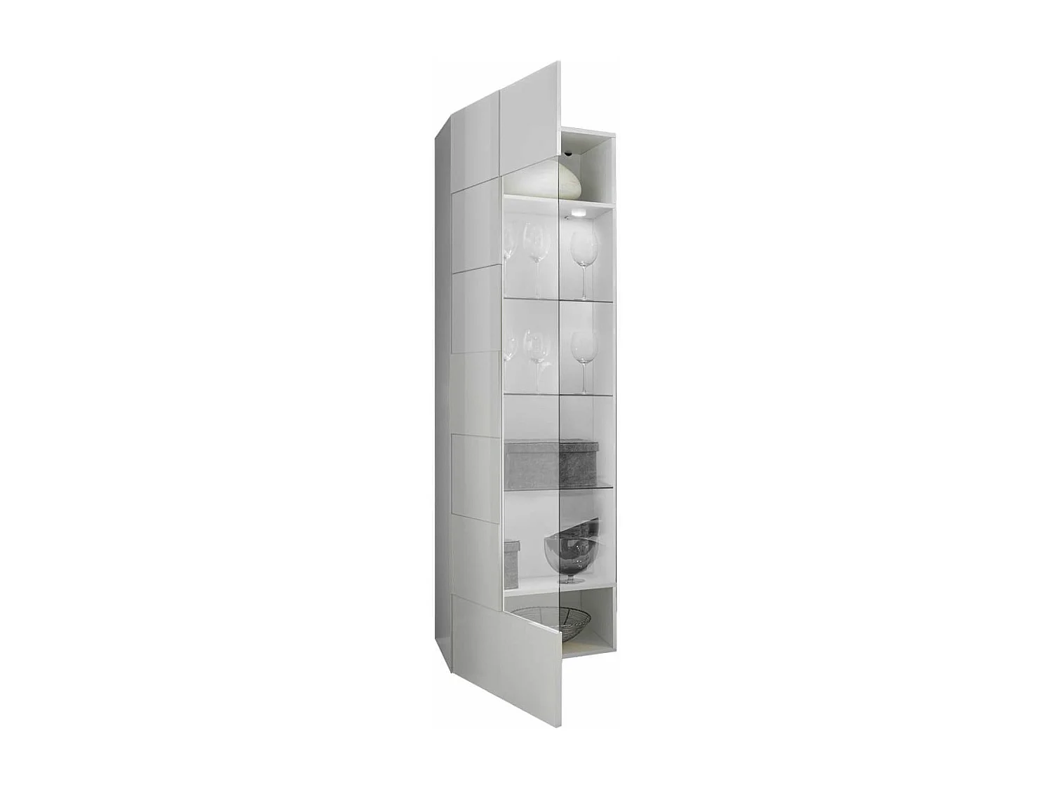 REBECCA - Vitrine 1 Porte Finition Blanc Laqué Relief Weiss Damiers et Leds