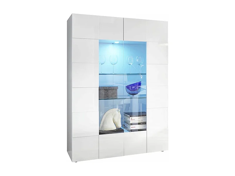 REBECCA - Vitrine 2 Portes Finition Blanc Laqué Weiss Relief Damiers et Leds
