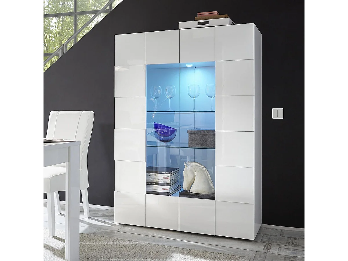 REBECCA - Vitrine 2 Portes Finition Blanc Laqué Weiss Relief Damiers et Leds