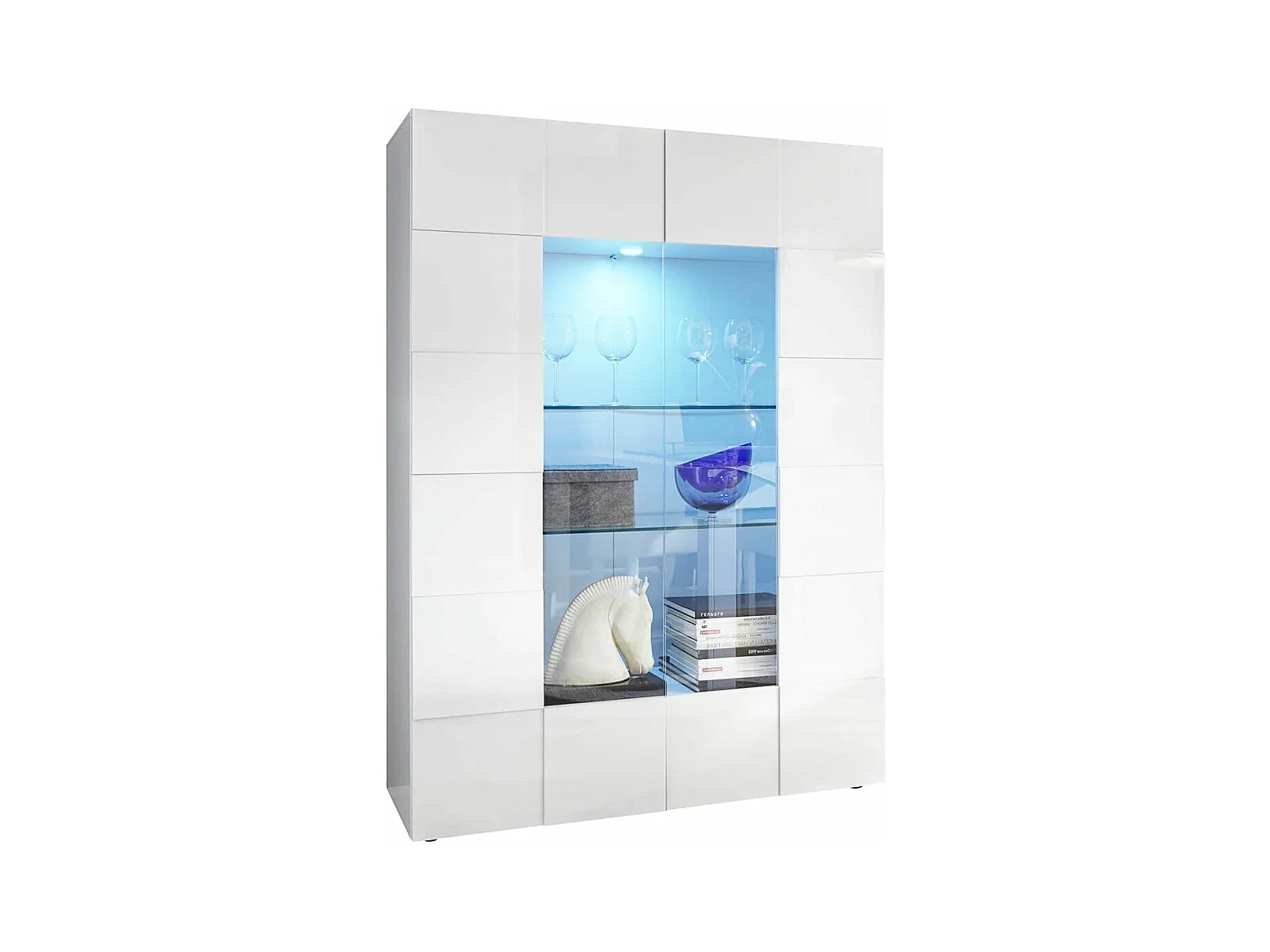 REBECCA - Vitrine 2 Portes Finition Blanc Laqué Weiss Relief Damiers et Leds
