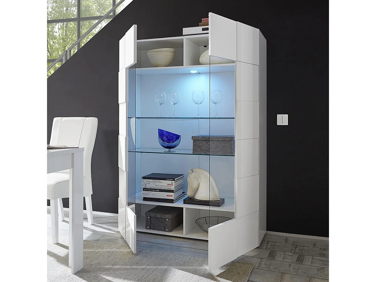 REBECCA - Vitrine 2 Portes Finition Blanc Laqué Weiss Relief Damiers et Leds