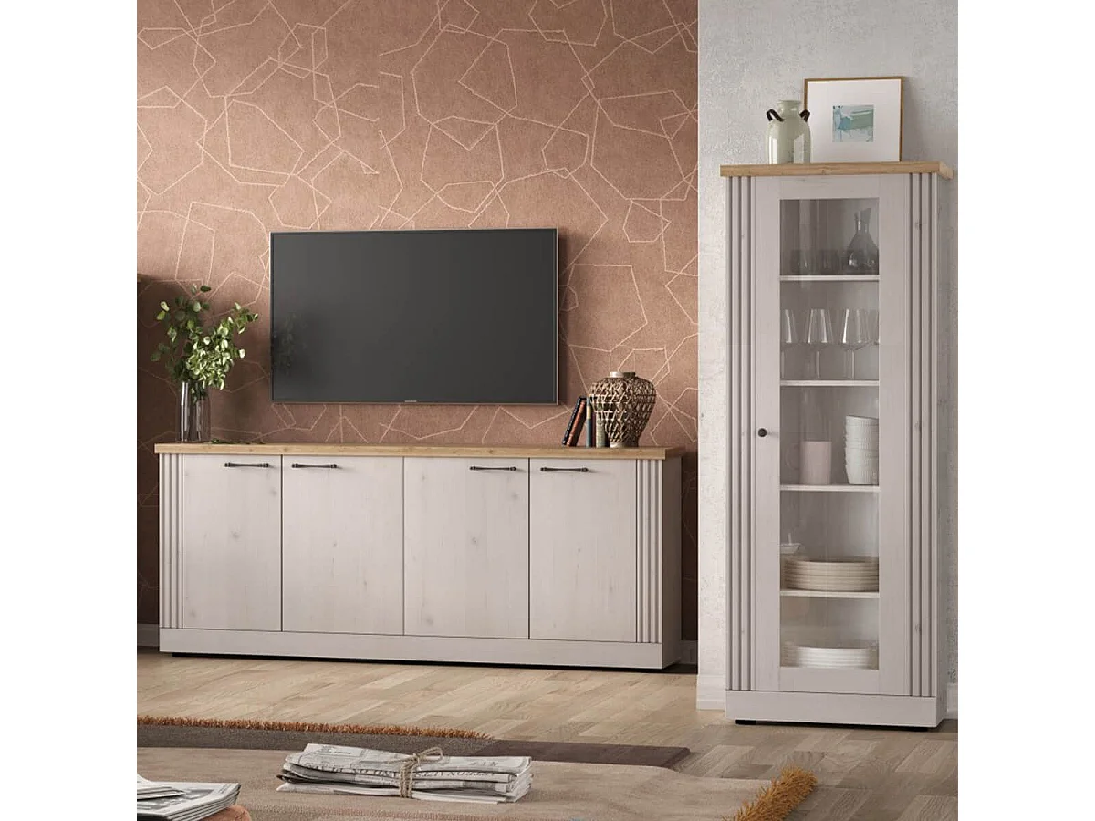 NASHVIL - Vitrine 1 Porte Aspect Chêne Blanchi et Chêne clair