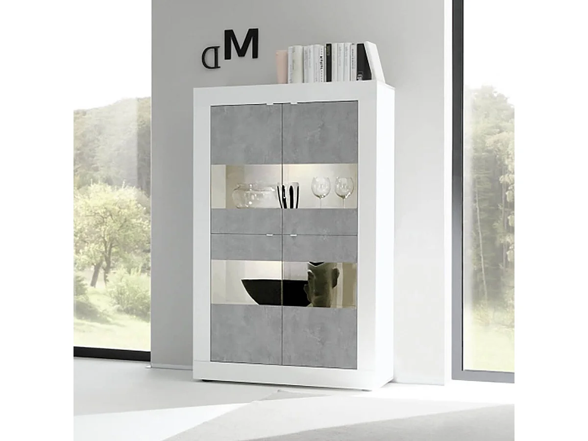 OTELLO - Vitrine 4 Portes Finition Blanc Laqué et Aspect Béton avec Leds