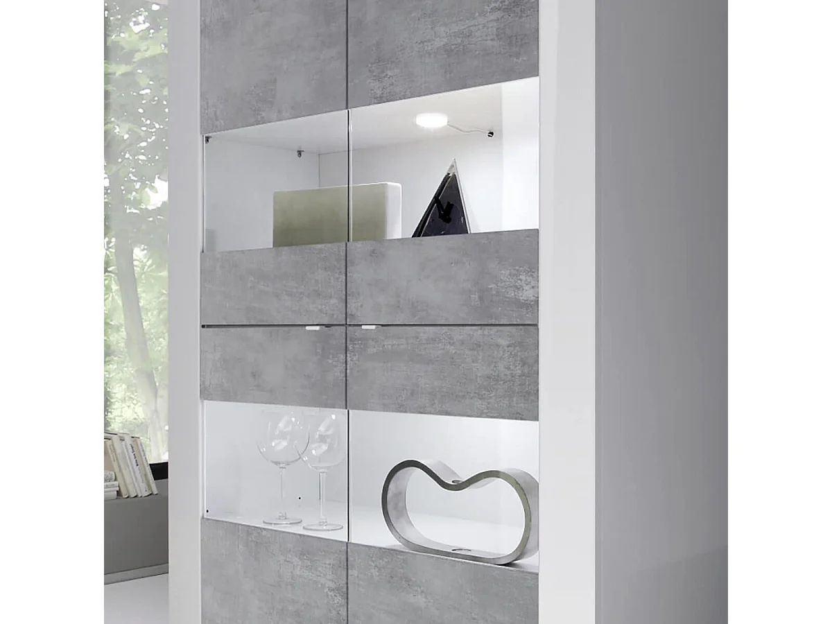 OTELLO - Vitrine 4 Portes Finition Blanc Laqué et Aspect Béton avec Leds