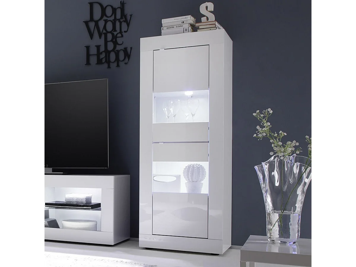 OTELLO - Vitrine 2 Portes Finition Blanc Laqué Weiss avec Leds