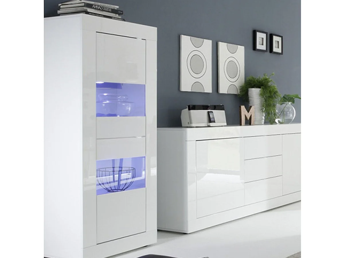 OTELLO - Vitrine 2 Portes Finition Blanc Laqué Weiss avec Leds