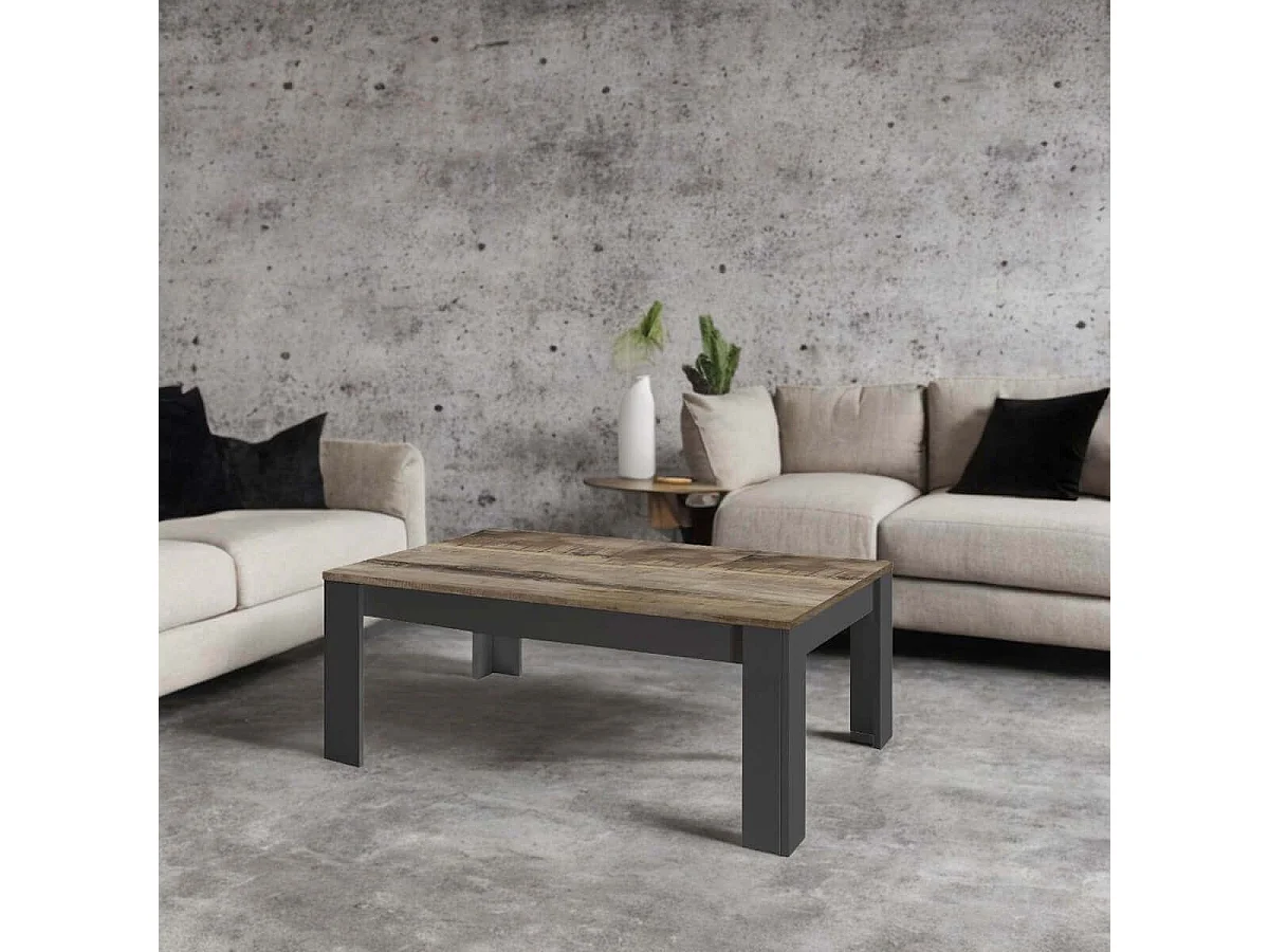 OTELLO - Table Basse Rectangulaire Noir Mat Plateau Aspect Bois Antik