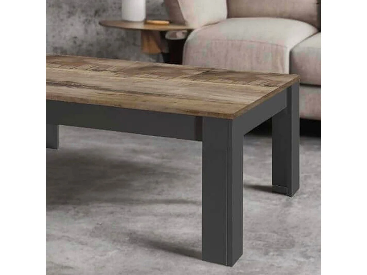 OTELLO - Table Basse Rectangulaire Noir Mat Plateau Aspect Bois Antik