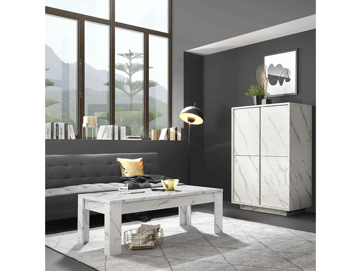 PIRALIA - Table Basse Rectangulaire Aspect Marbre Blanc