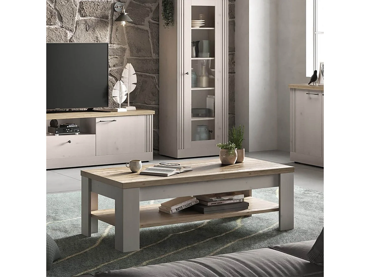 NASHVIL - Table Basse Aspect Chêne Blanchi et Double Plateau Chêne clair