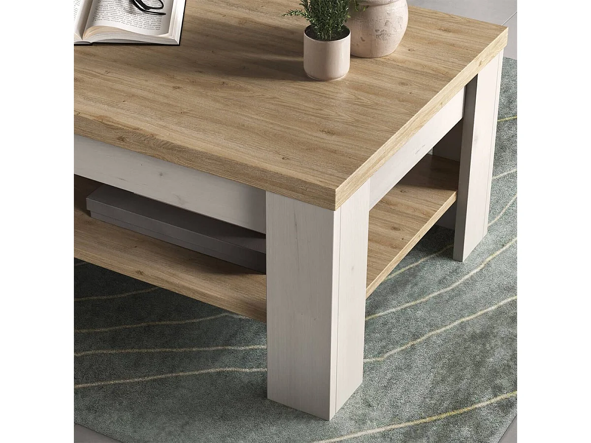 NASHVIL - Table Basse Aspect Chêne Blanchi et Double Plateau Chêne clair
