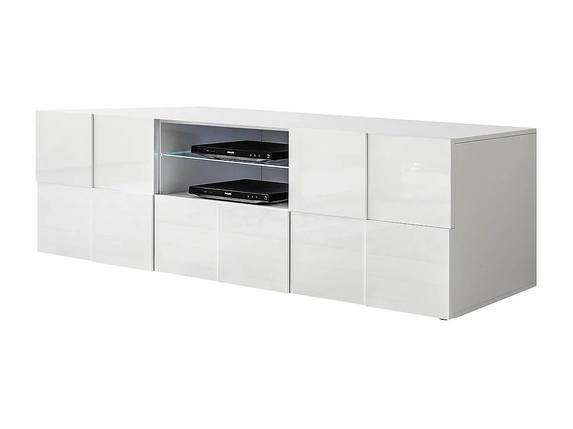 REBECCA - Meuble TV 181 cm Finition Blanc Laqué Weiss Relief Damiers et Leds
