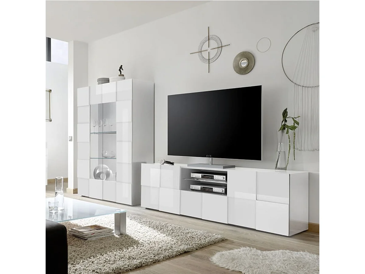 REBECCA - Meuble TV 181 cm Finition Blanc Laqué Weiss Relief Damiers et Leds
