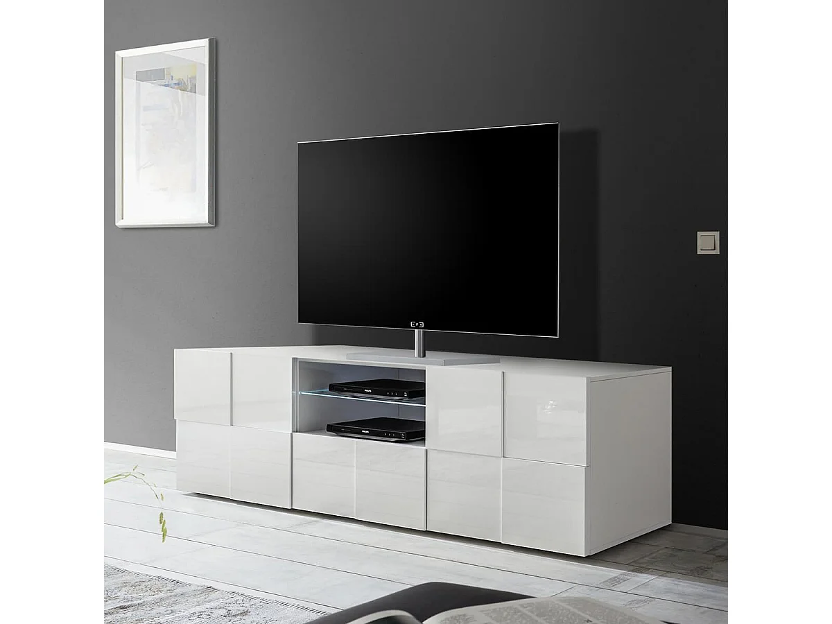 REBECCA - Meuble TV 181 cm Finition Blanc Laqué Weiss Relief Damiers et Leds