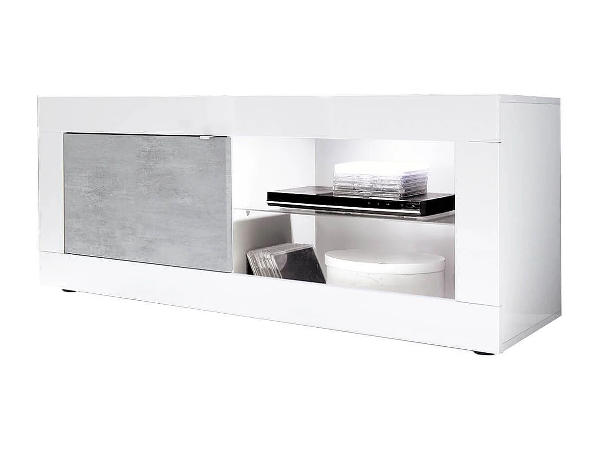 OTELLO - Meuble TV 1 Portes 2 Niches Finition Blanc Laqué et Aspect Béton avec Leds