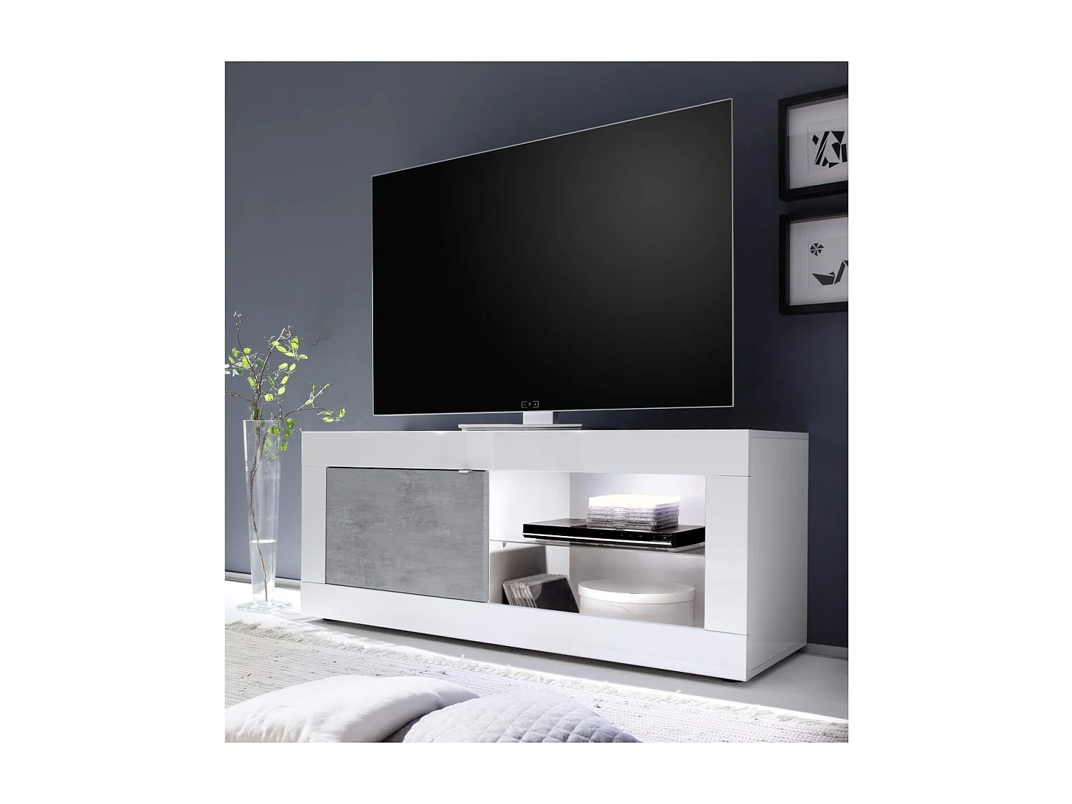 OTELLO - Meuble TV 1 Portes 2 Niches Finition Blanc Laqué et Aspect Béton avec Leds