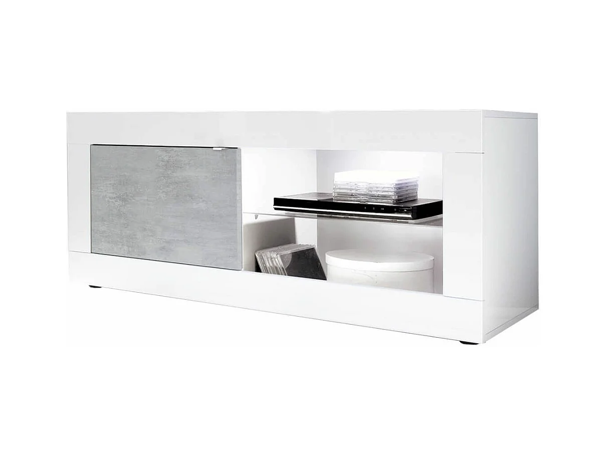 OTELLO - Meuble TV 1 Portes 2 Niches Finition Blanc Laqué et Aspect Béton avec Leds