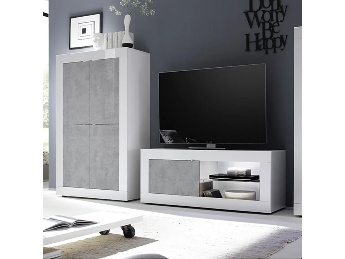 OTELLO - Meuble TV 1 Portes 2 Niches Finition Blanc Laqué et Aspect Béton avec Leds
