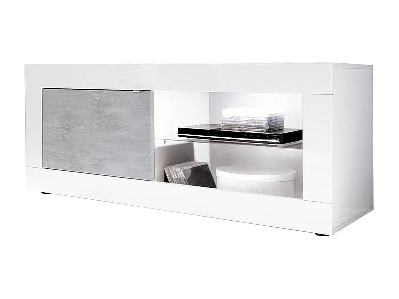 OTELLO - Meuble TV 1 Portes 2 Niches Finition Blanc Laqué et Aspect Béton avec Leds