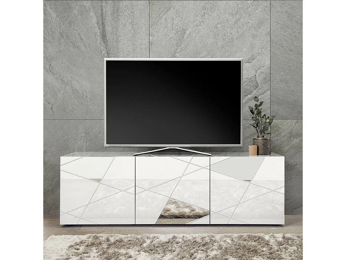 ORIANA - Meuble TV 3 Portes Finition Blanc Laqué Weiss avec Sérigraphies et Miroirs