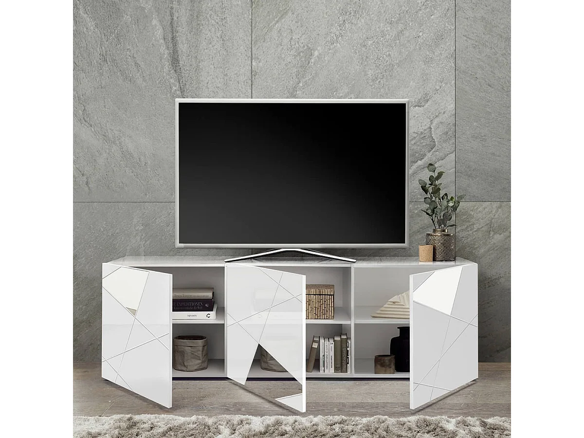 ORIANA - Meuble TV 3 Portes Finition Blanc Laqué Weiss avec Sérigraphies et Miroirs