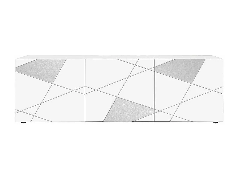 ORIANA - Meuble TV 3 Portes Finition Blanc Laqué Weiss avec Sérigraphies et Miroirs