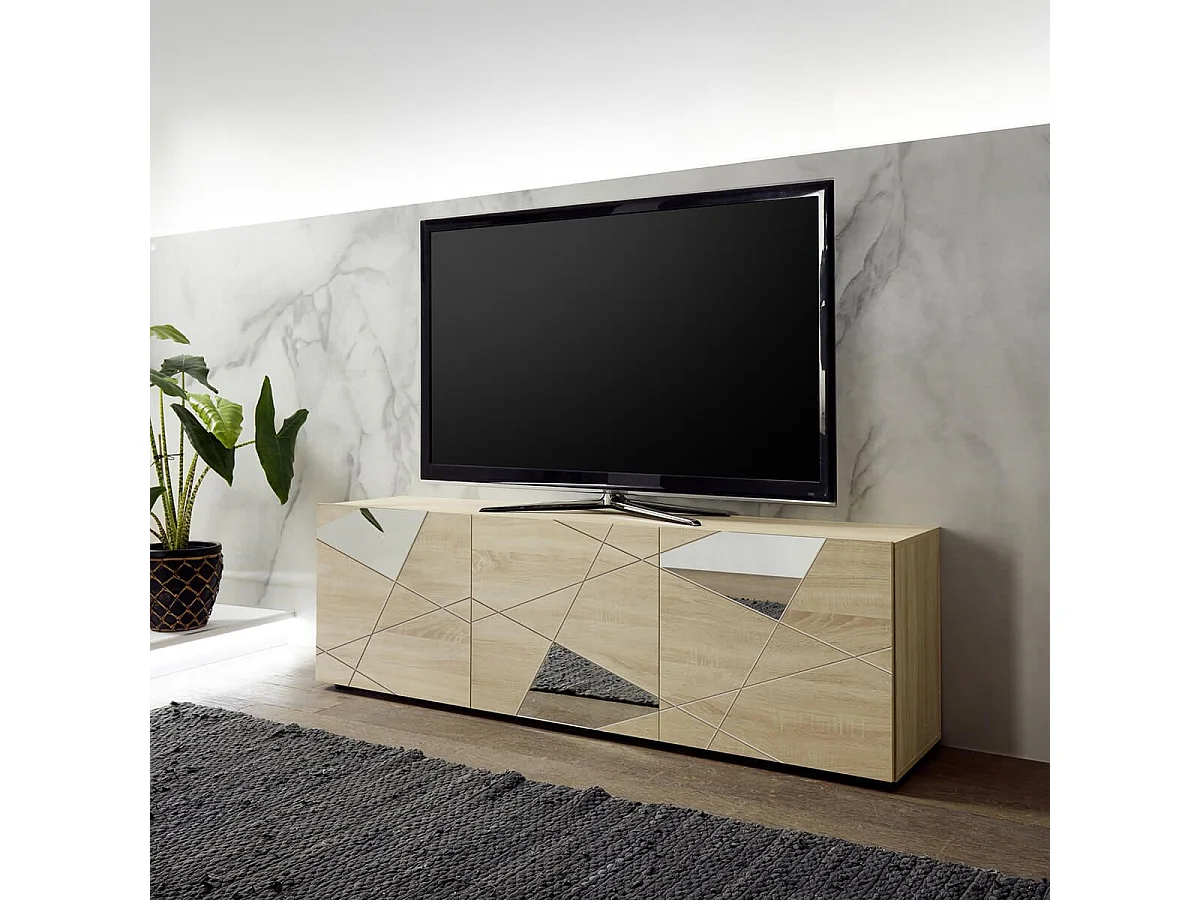 ORIANA - Meuble TV 3 Portes Finition Bois Samoa avec Sérigraphies et Miroirs
