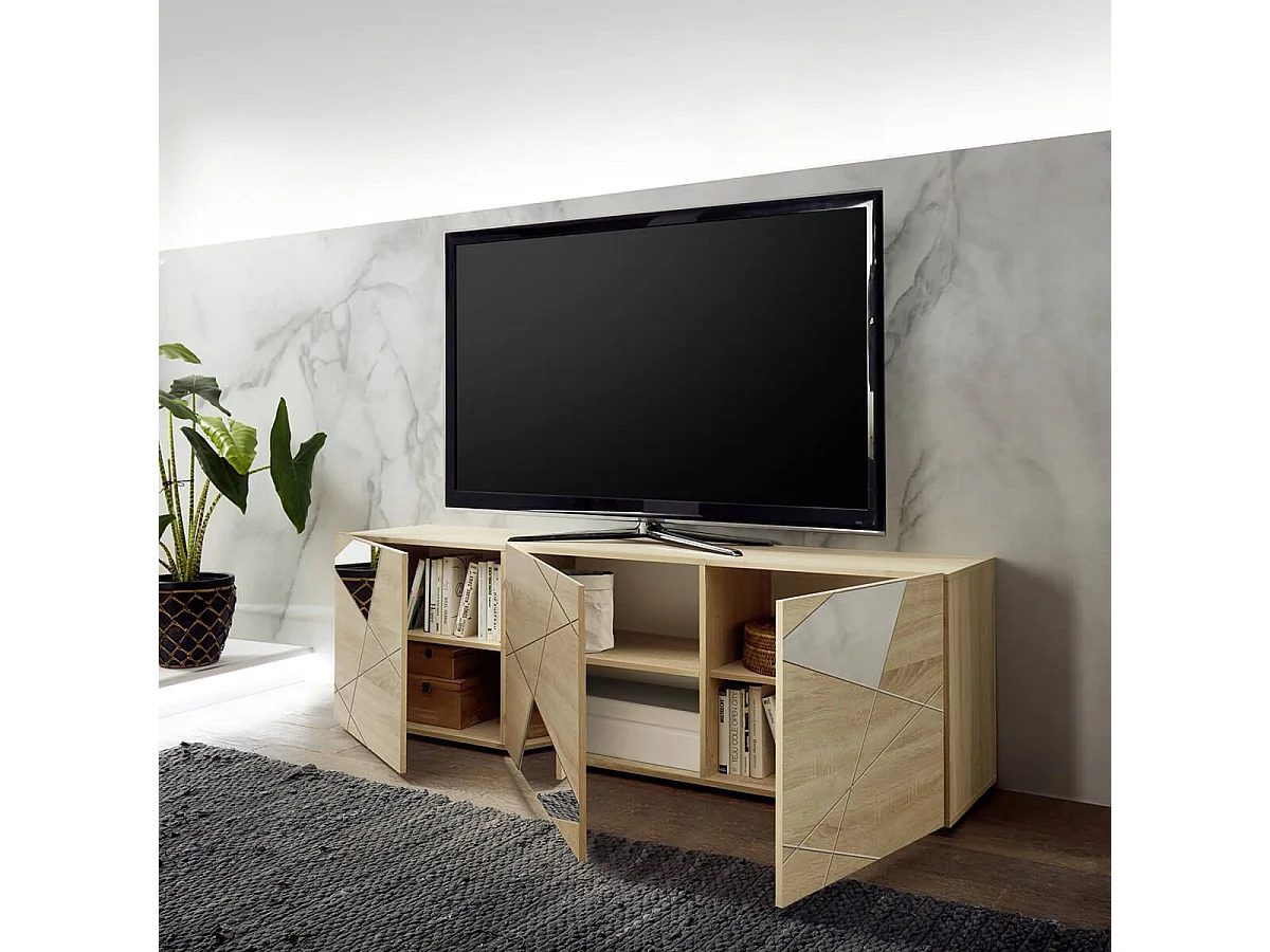 ORIANA - Meuble TV 3 Portes Finition Bois Samoa avec Sérigraphies et Miroirs