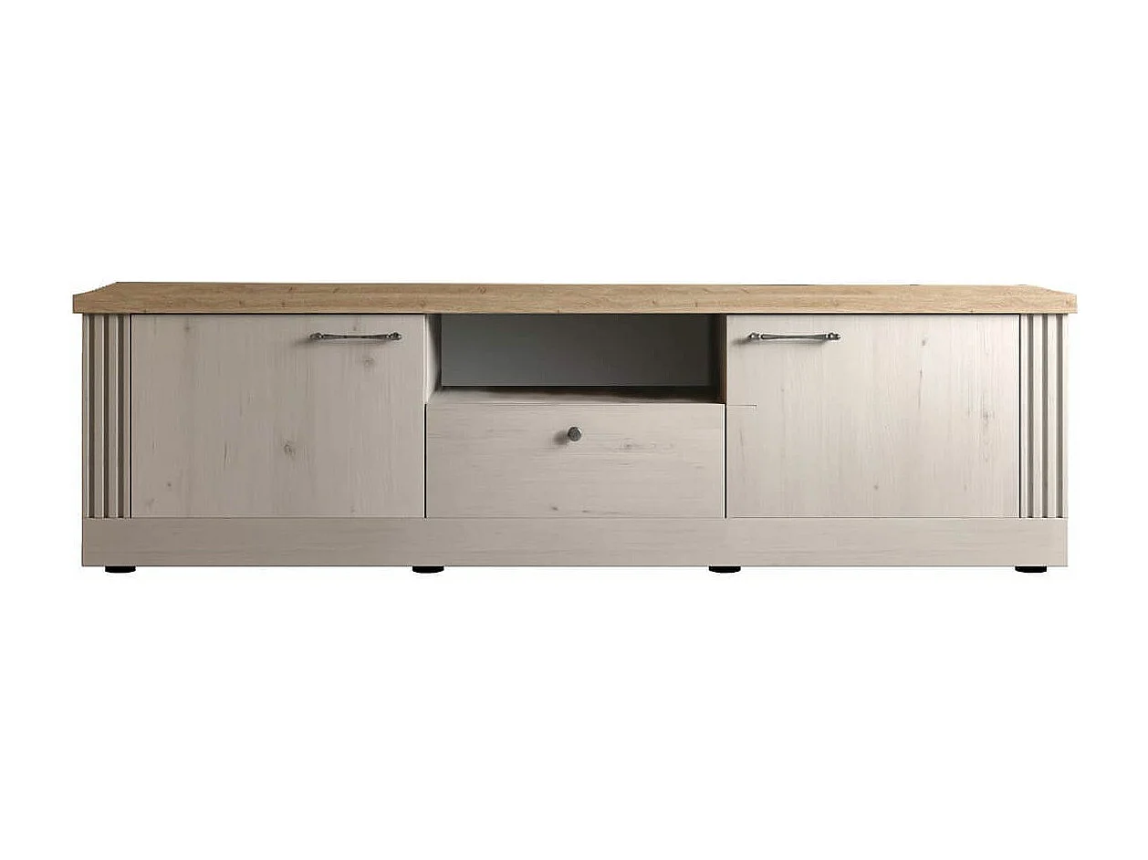 NASHVIL - Meuble TV 3 Portes 1 Niche Aspect Chêne Blanchi et Chêne clair