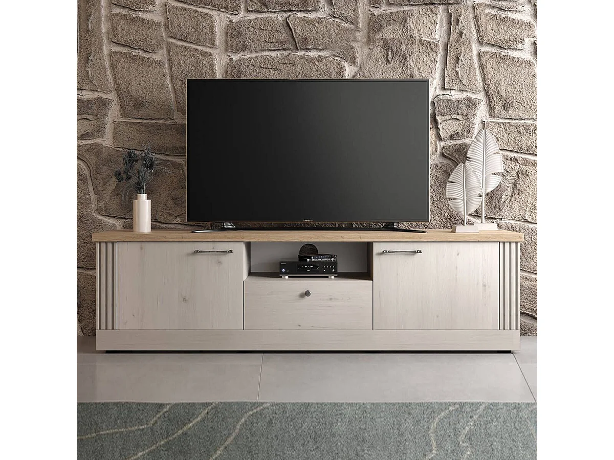 NASHVIL - Meuble TV 3 Portes 1 Niche Aspect Chêne Blanchi et Chêne clair