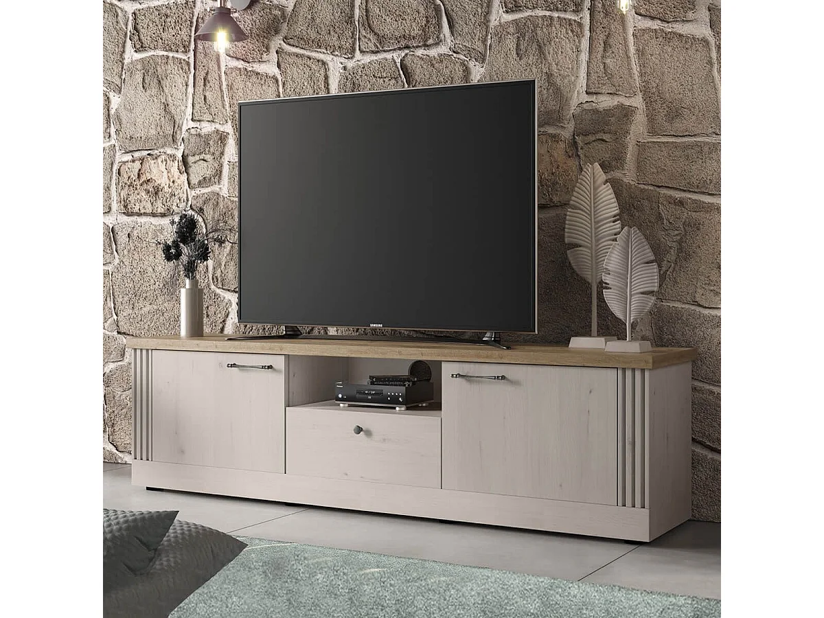 NASHVIL - Meuble TV 3 Portes 1 Niche Aspect Chêne Blanchi et Chêne clair