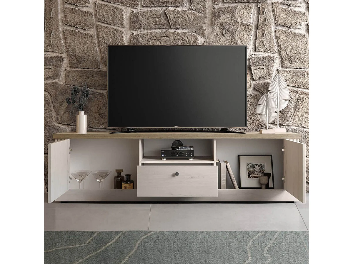 NASHVIL - Meuble TV 3 Portes 1 Niche Aspect Chêne Blanchi et Chêne clair