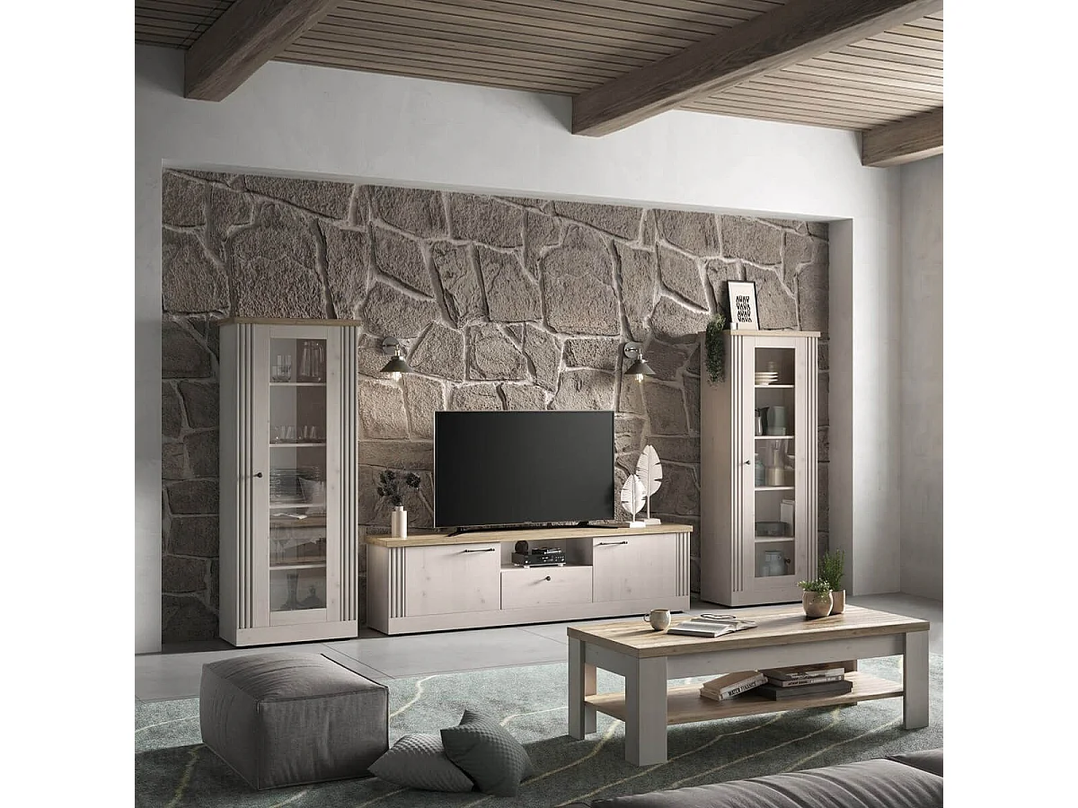 NASHVIL - Meuble TV 3 Portes 1 Niche Aspect Chêne Blanchi et Chêne clair