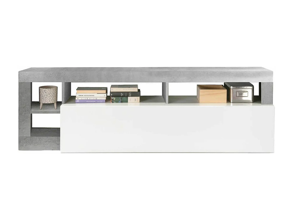 ARTURO - Meuble TV 1 Abattant Blanc Laqué Encadrement Niches Aspect Cimento