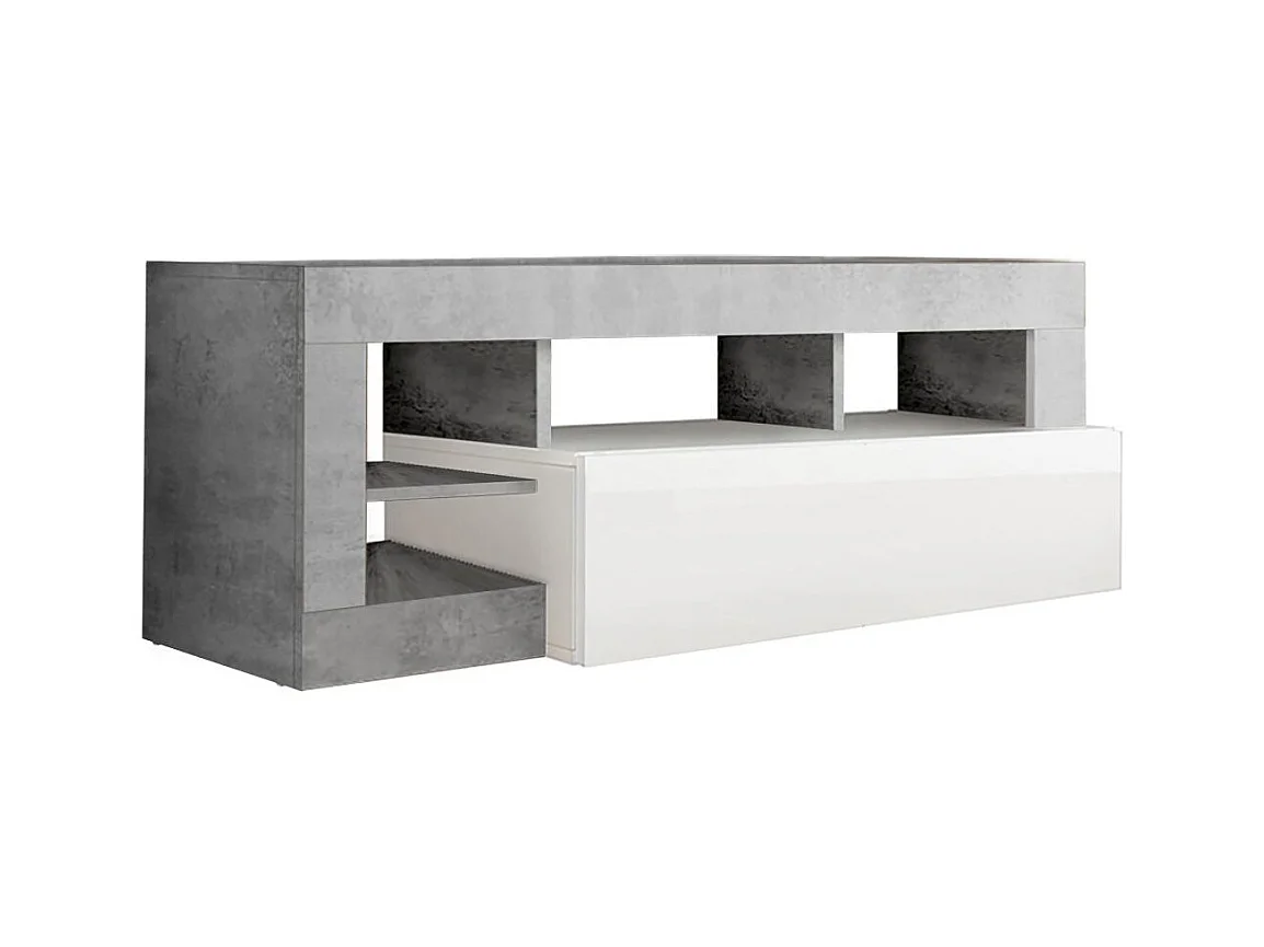 ARTURO - Meuble TV 1 Abattant Blanc Laqué Encadrement Niches Aspect Cimento