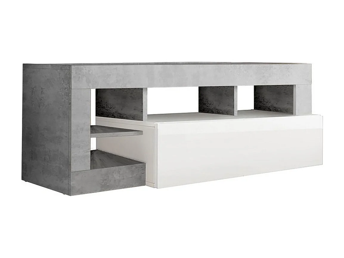 ARTURO - Meuble TV 1 Abattant Blanc Laqué Encadrement Niches Aspect Cimento
