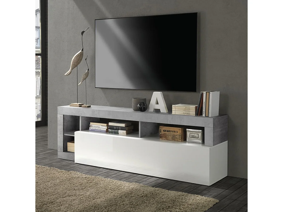 ARTURO - Meuble TV 1 Abattant Blanc Laqué Encadrement Niches Aspect Cimento