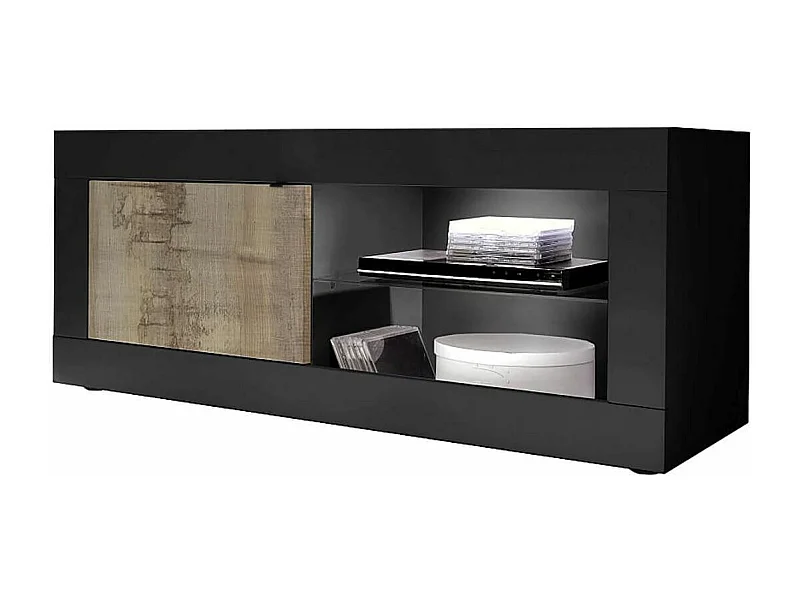 OTELLO - Meuble TV 1 Portes 2 Niches Noir Mat et Aspect Bois Antik avec Leds