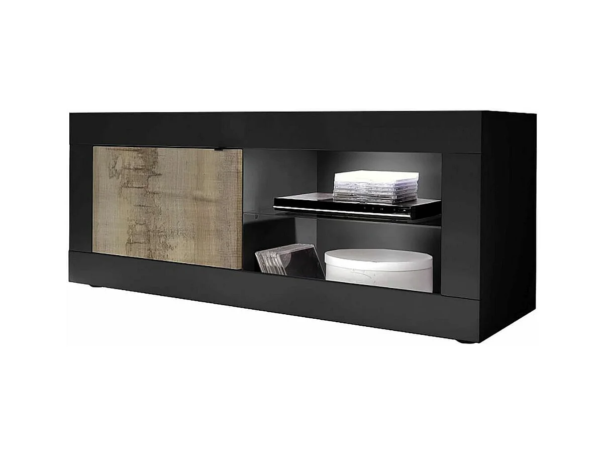 OTELLO - Meuble TV 1 Portes 2 Niches Noir Mat et Aspect Bois Antik avec Leds