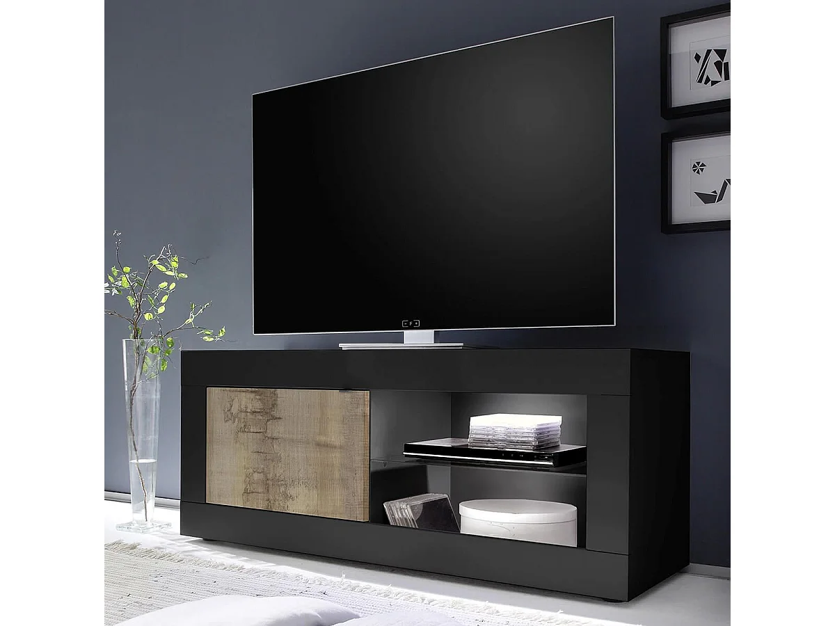 OTELLO - Meuble TV 1 Portes 2 Niches Noir Mat et Aspect Bois Antik avec Leds