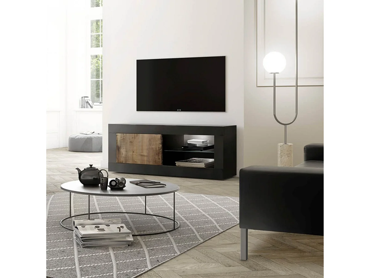 OTELLO - Meuble TV 1 Portes 2 Niches Noir Mat et Aspect Bois Antik avec Leds